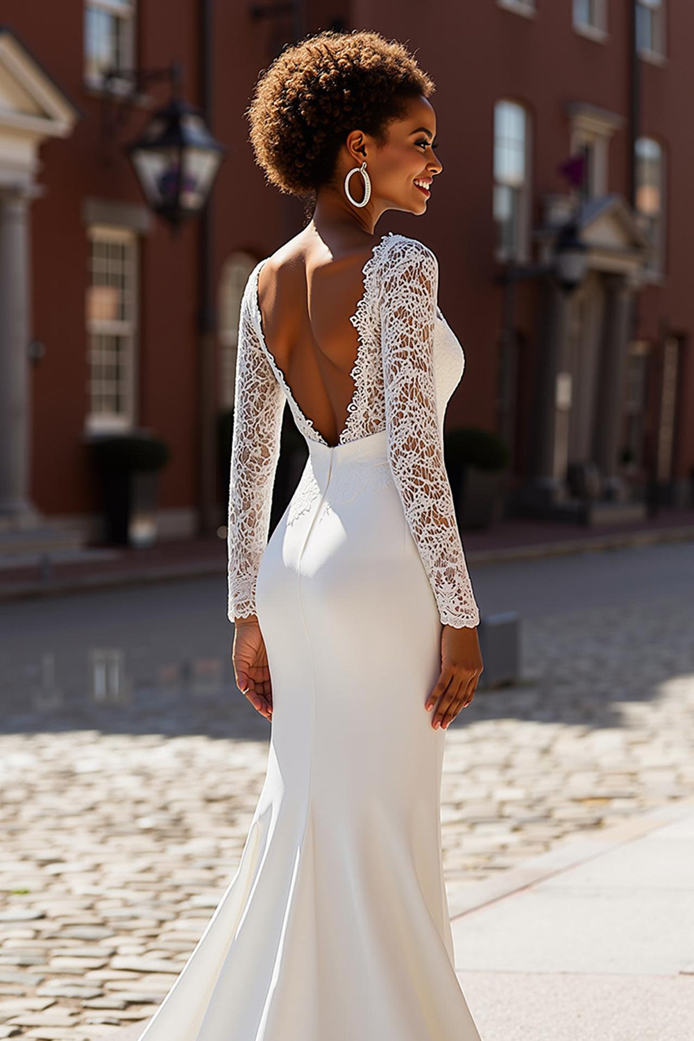 White Chiffon Mermaid V-Neck Long Sleeves Sweep Train Wedding Dress