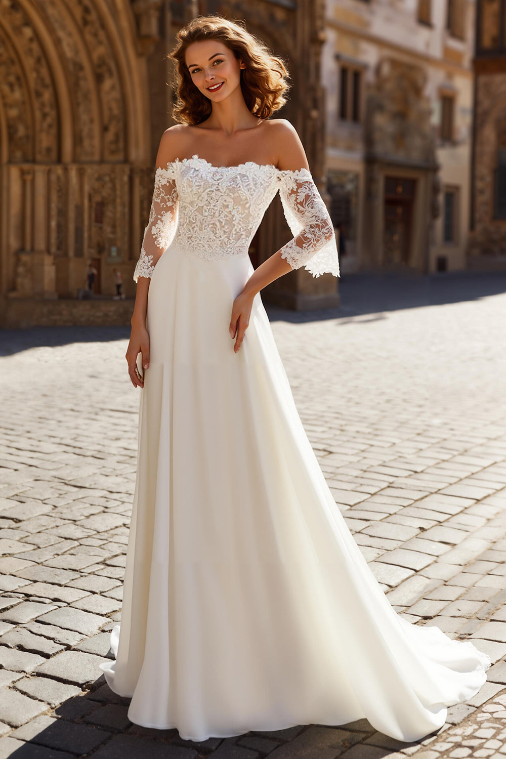 Ivory Chiffon A-Line Off the Shoulder Sweep Train Wedding Dress with Sleeves