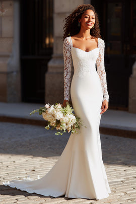 wedding dresses mermaid lace long sleeve Zapakasa Women White Mermaid Long Sleeves Wedding Dress with Lace Scoop Neck Sweep Train Satin Bridal Dress
