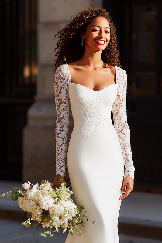 White Mermaid Scoop Neck Long Sleeves Wedding Dress with Lace