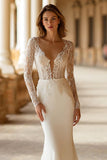 Ivory Mermaid V-Neck Sweep Train Wedding Dress with Lace