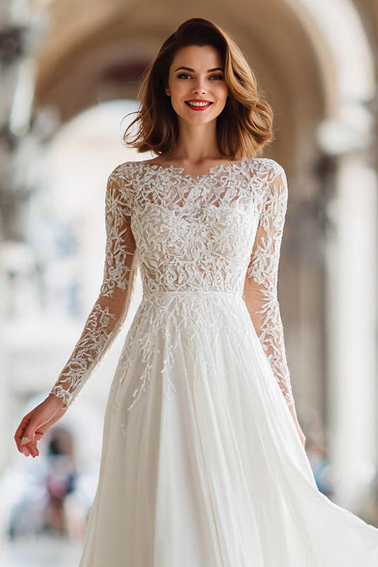 Ivory A Line Illusion Boat Neck Floor-Length Wedding Dress with Lace