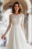 Ivory A Line Illusion Boat Neck Floor-Length Wedding Dress with Lace