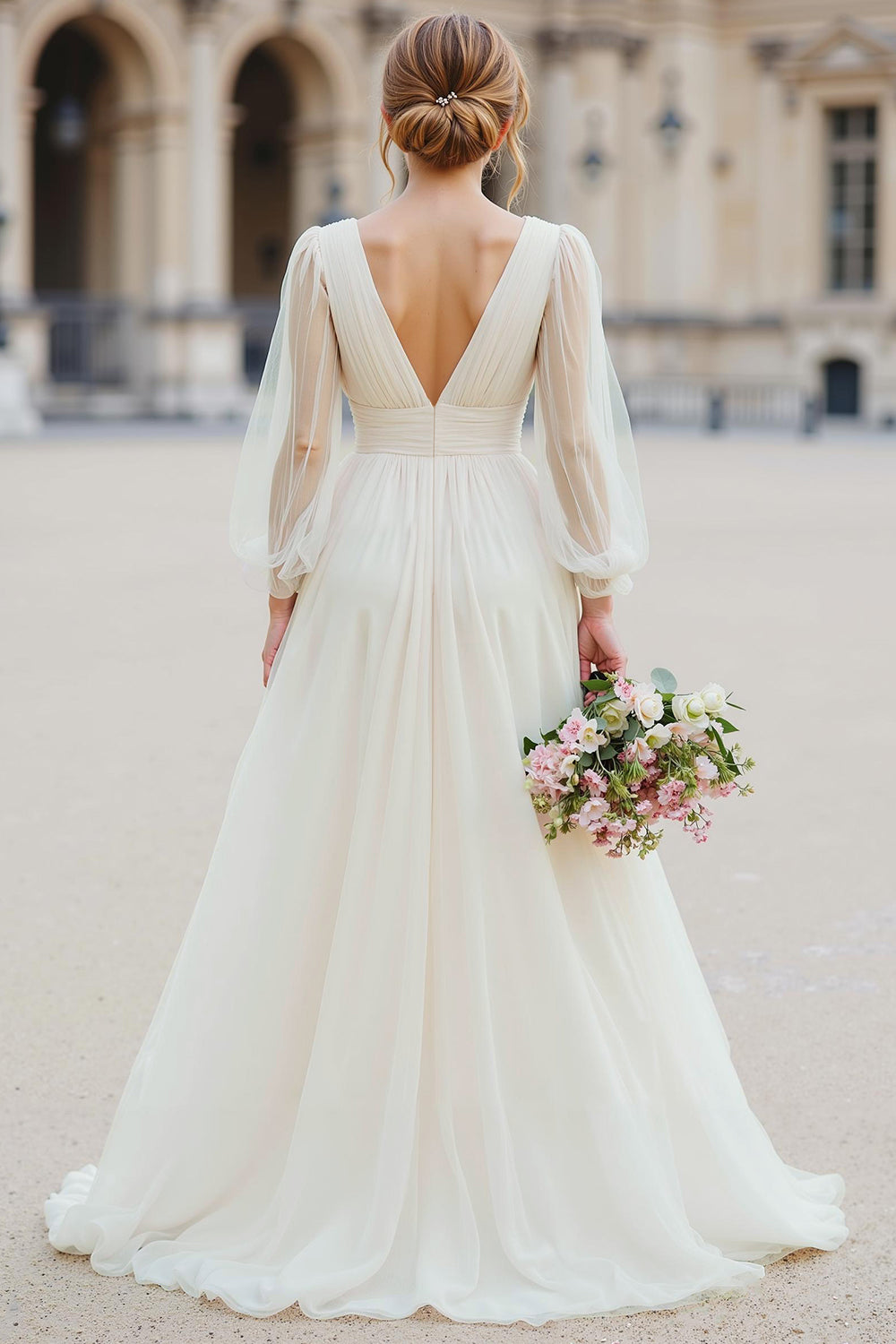 Zapakasa Women White Tulle Floor-Length Wedding Dress Long Sleeves A Line V-Neck Bridal Dress Zapakasa Women White Tulle Floor-Length Wedding Dress Long Sleeves A Line V-Neck Bridal Dress