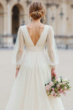 White Tulle A Line V-Neck Floor-Length Wedding Dress with Sleeves