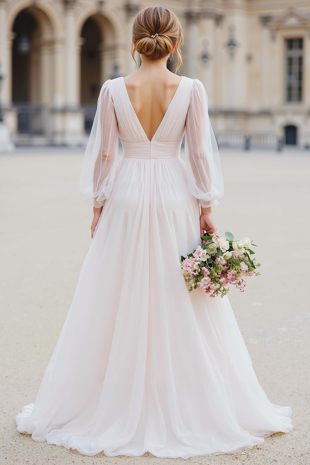 Zapakasa Women White Tulle Floor-Length Wedding Dress Long Sleeves A Line V-Neck Bridal Dress Zapakasa Women White Tulle Floor-Length Wedding Dress Long Sleeves A Line V-Neck Bridal Dress