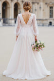 White Tulle A Line V-Neck Floor-Length Wedding Dress with Sleeves