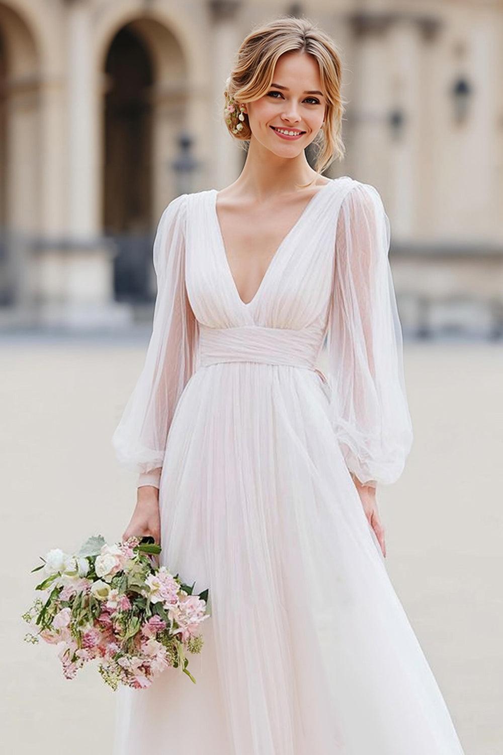 white v neck a line dress A-line V Neck Sweep Train Jacquard Wedding Dress with Pockets S3096W - Wedding Dresses