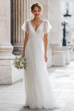 Ivory V-Neck Tulle A Line Floor-Length Wedding Dress with Sleeves
