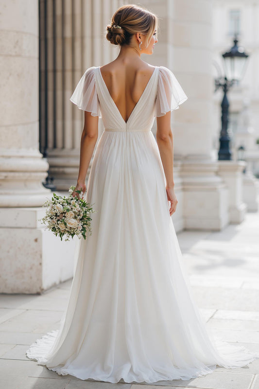 Ivory V-Neck Tulle A Line Floor-Length Wedding Dress with Sleeves