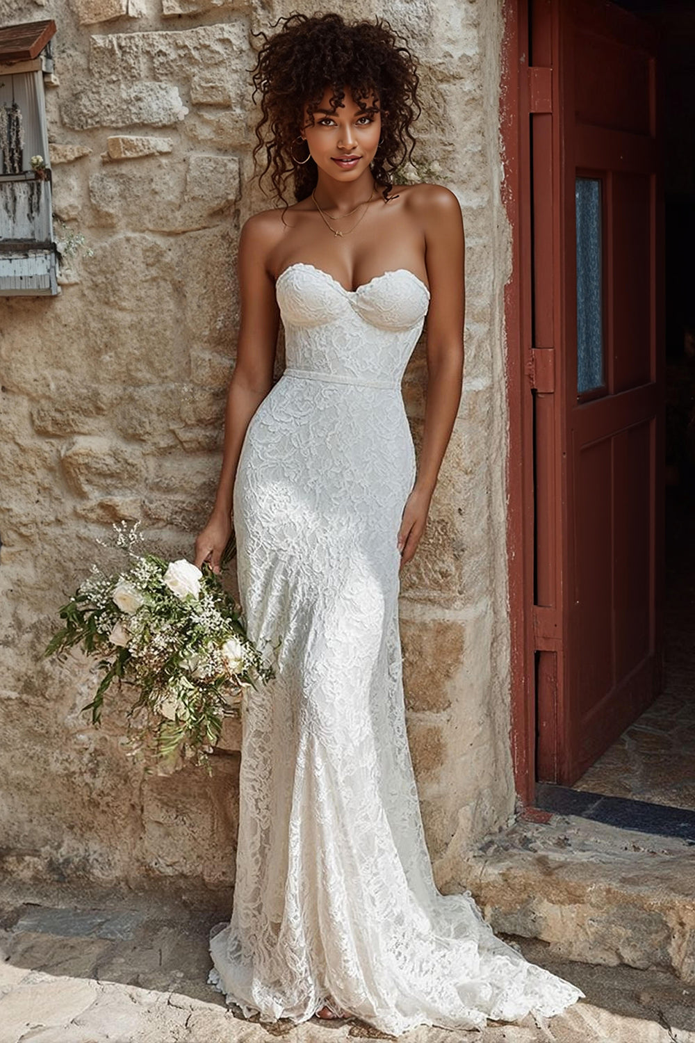 Zapaka Women Strapless Wedding Dress Lace Ivory Mermaid Bridal Dress, Ivory / US6