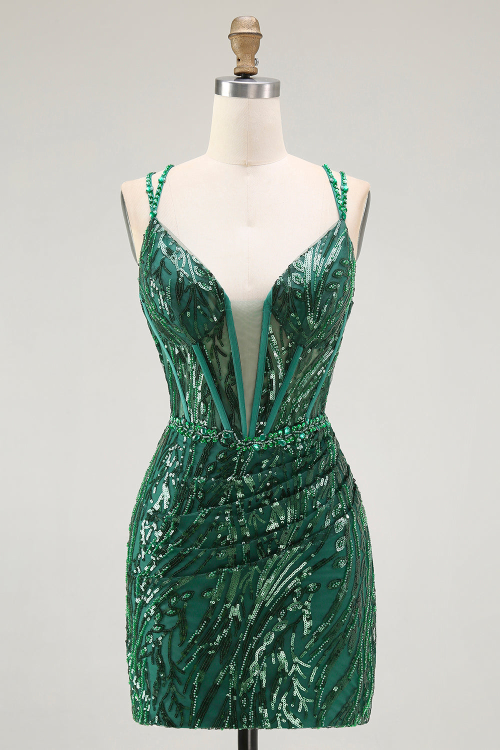 Sparkly Dark Green Corset Sequin Short Tight Homecoming Dress