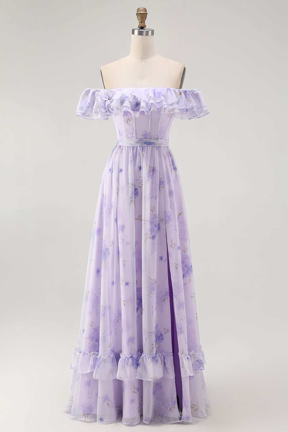 Lavender Floral A-Line Long Corset Wedding Guest Dress with Slit
