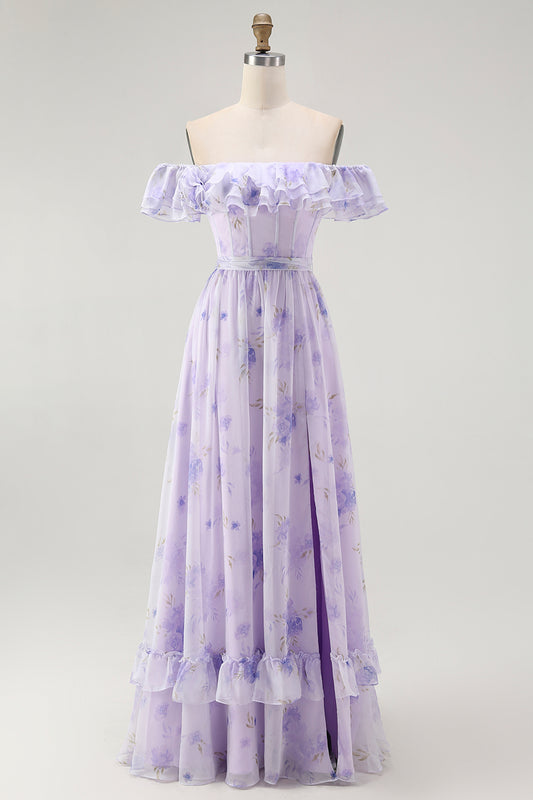 Lavender Floral A-Line Long Corset Wedding Guest Dress with Slit