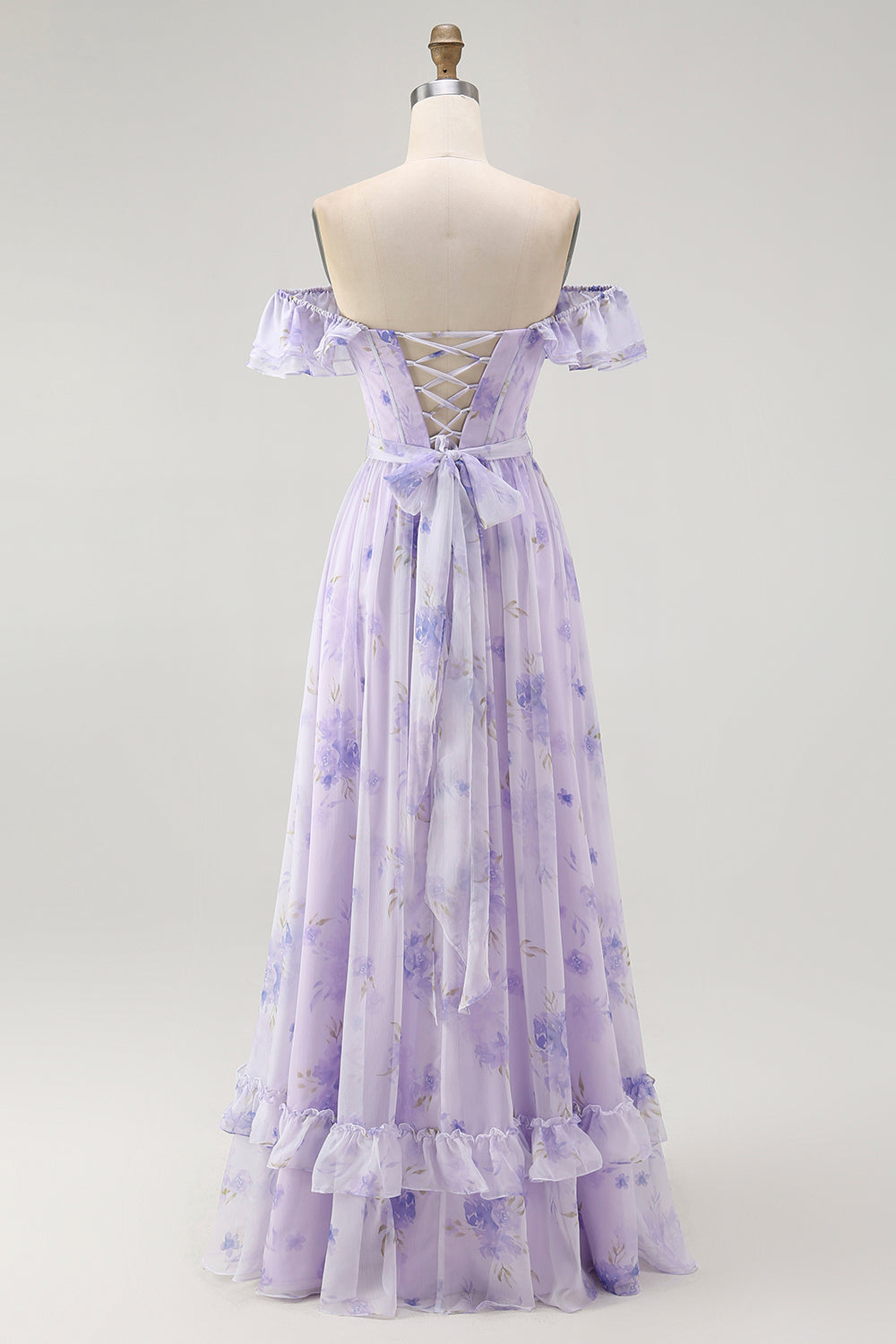 Lavender Floral A-Line Long Corset Wedding Guest Dress with Slit