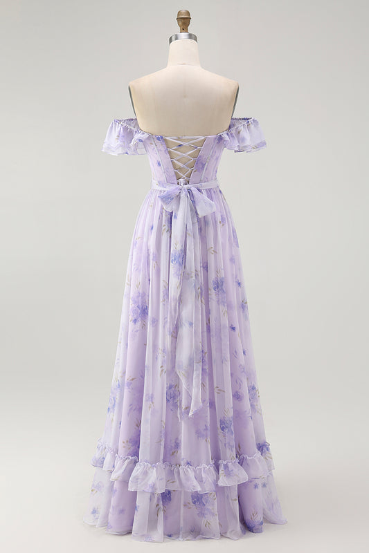 Lavender Floral A-Line Long Corset Wedding Guest Dress with Slit
