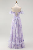 Lavender Floral A-Line Long Corset Wedding Guest Dress with Slit