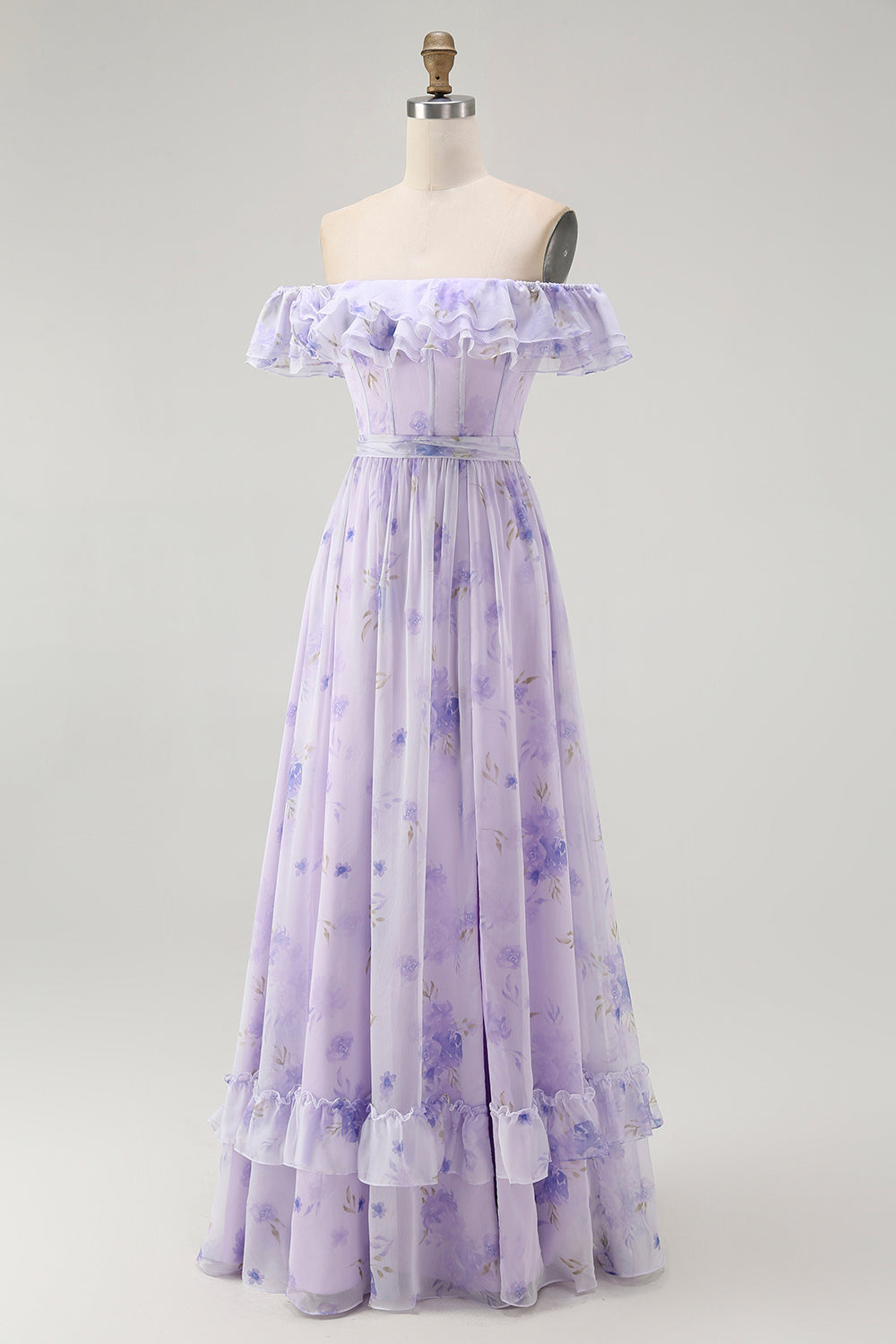Lavender Floral A-Line Long Corset Wedding Guest Dress with Slit