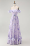 Lavender Floral A-Line Long Corset Wedding Guest Dress with Slit