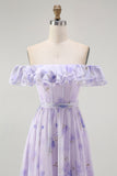 Lavender Floral A-Line Long Corset Wedding Guest Dress with Slit