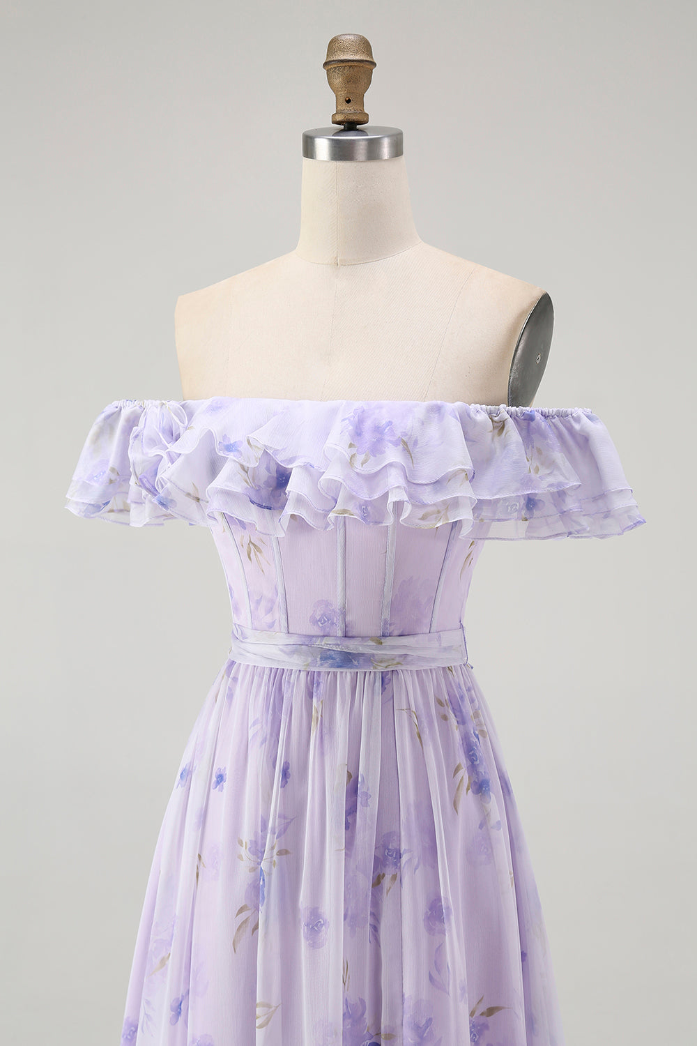 Lavender Floral A-Line Long Corset Wedding Guest Dress with Slit