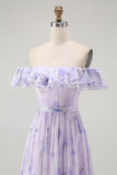 Lavender Floral A-Line Long Corset Wedding Guest Dress with Slit