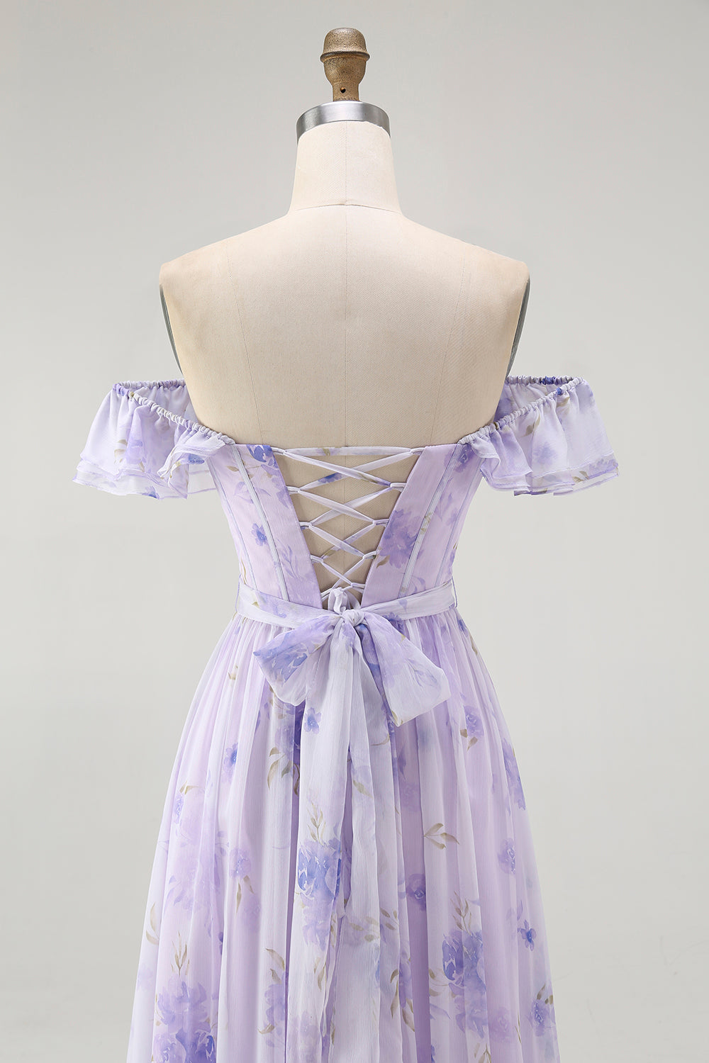 Lavender Floral A-Line Long Corset Wedding Guest Dress with Slit