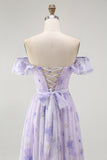 Lavender Floral A-Line Long Corset Wedding Guest Dress with Slit