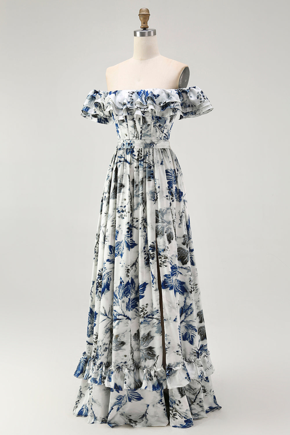 Blue Chiffon Floral A-Line Long Wedding Guest Dress with Ruffles