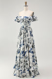 Blue Chiffon Floral A-Line Long Wedding Guest Dress with Ruffles