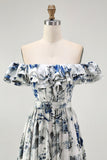 Blue Chiffon Floral A-Line Long Wedding Guest Dress with Ruffles