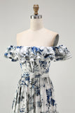 Blue Chiffon Floral A-Line Long Wedding Guest Dress with Ruffles