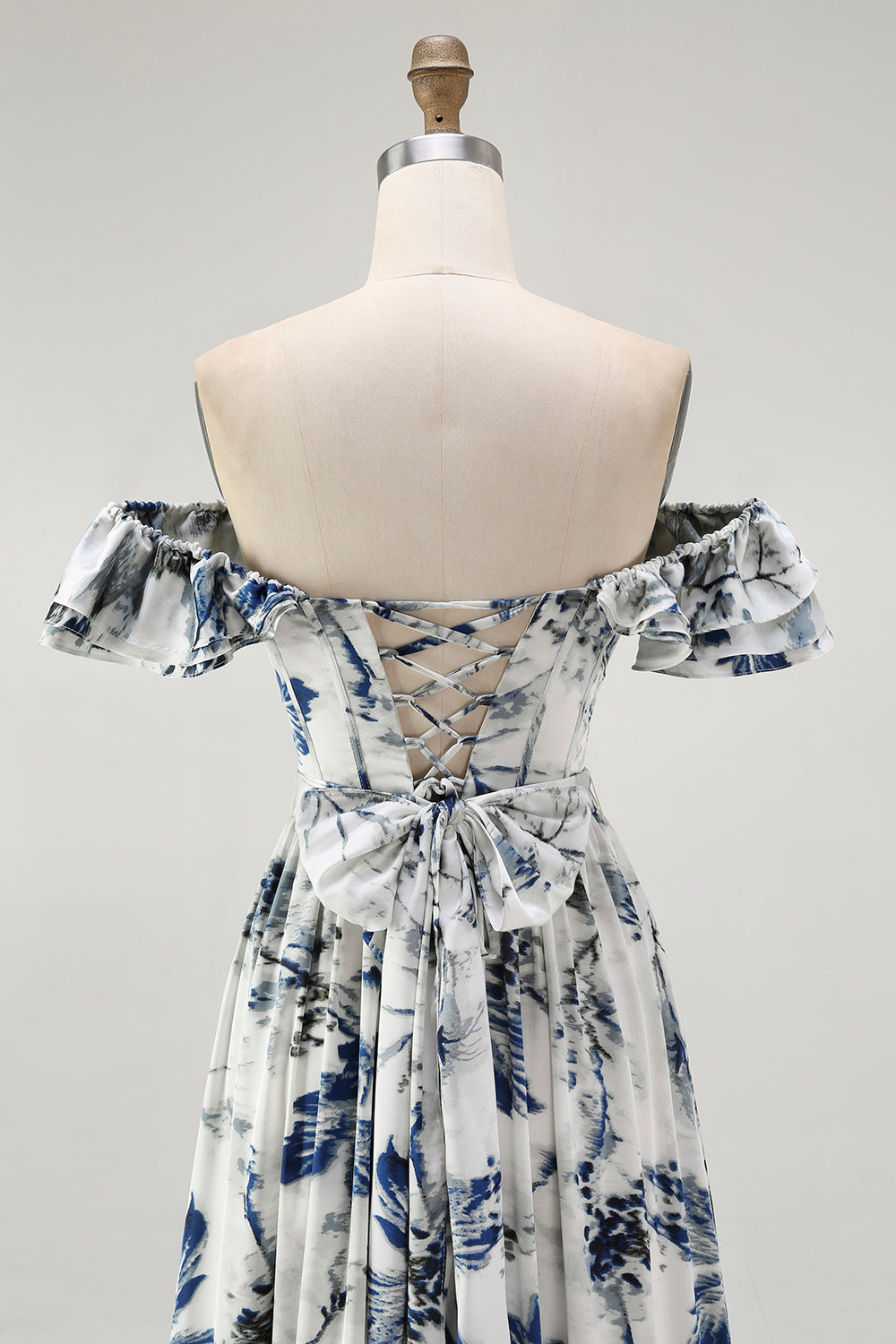 Blue Chiffon Floral A-Line Long Wedding Guest Dress with Ruffles