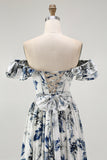 Blue Chiffon Floral A-Line Long Wedding Guest Dress with Ruffles