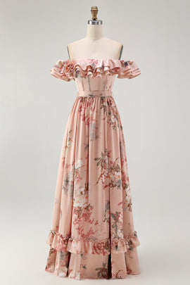 Blush Satin Floral A-Line Long Corset Wedding Guest Dress with Bow