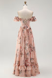 Blush Satin Floral A-Line Long Corset Wedding Guest Dress with Bow
