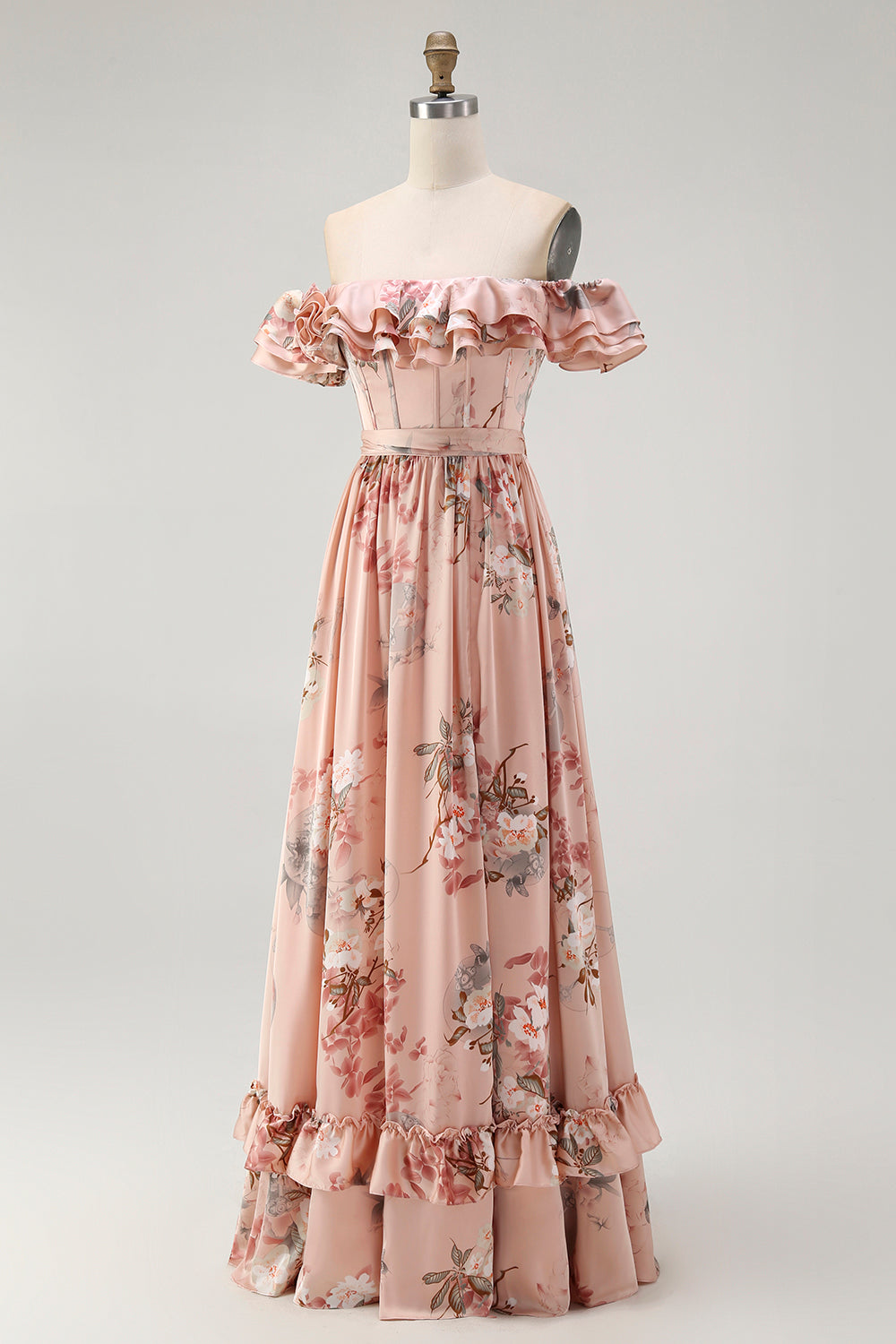 Blush Satin Floral A-Line Long Corset Wedding Guest Dress with Bow