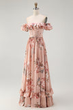 Blush Satin Floral A-Line Long Corset Wedding Guest Dress with Bow