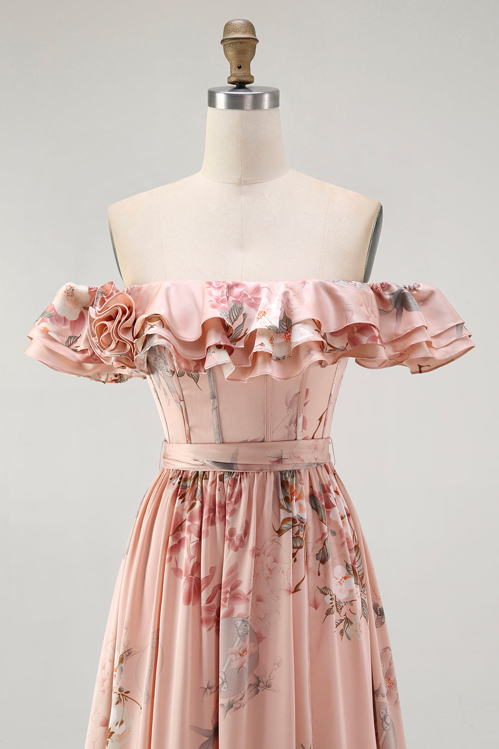Blush Satin Floral A-Line Long Corset Wedding Guest Dress with Bow