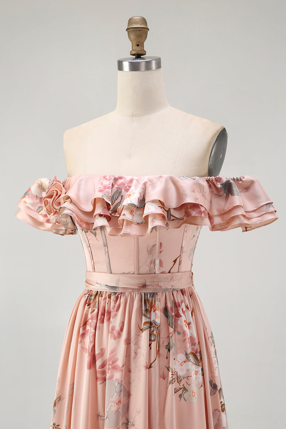 Blush Satin Floral A-Line Long Corset Wedding Guest Dress with Bow