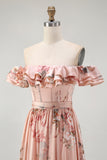 Blush Satin Floral A-Line Long Corset Wedding Guest Dress with Bow