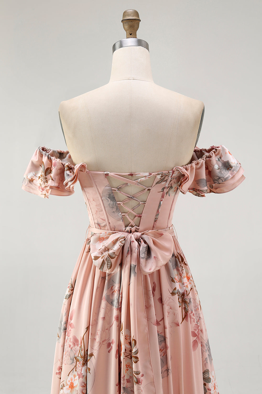 Blush Satin Floral A-Line Long Corset Wedding Guest Dress with Bow