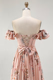 Blush Satin Floral A-Line Long Corset Wedding Guest Dress with Bow