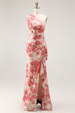 Champagne Floral One Shoulder Mermaid Long Wedding Guest Dress with Slit