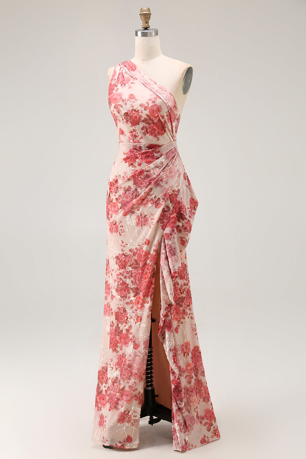 Champagne Floral One Shoulder Mermaid Long Wedding Guest Dress with Slit