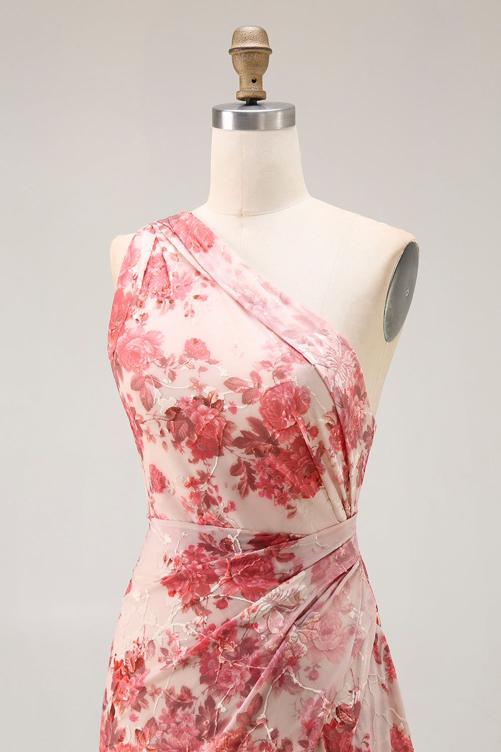 Champagne Floral One Shoulder Mermaid Long Wedding Guest Dress with Slit