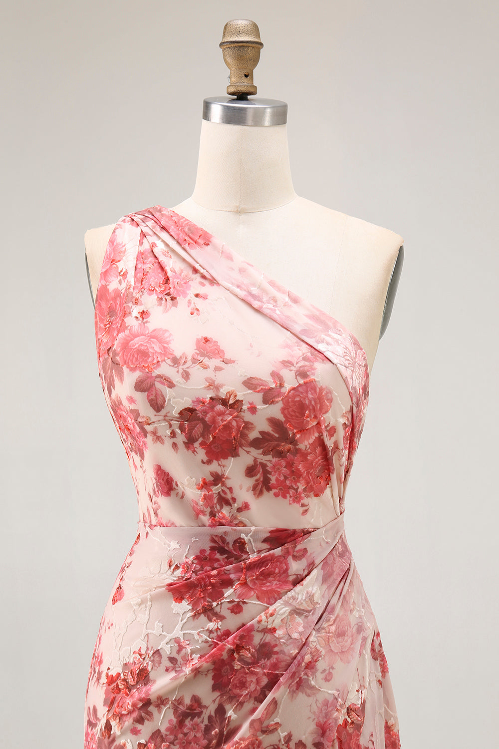 Champagne Floral One Shoulder Mermaid Long Wedding Guest Dress with Slit