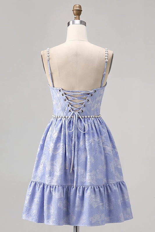 Sparkly Blue A Line Jacquard Short Homecoming Dress with Pearls