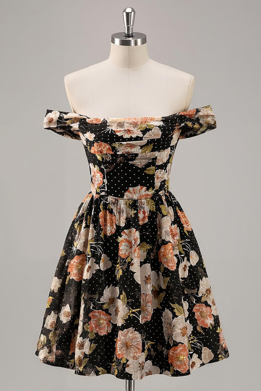Sparkly Black Floral Off the Shoulder Short Homecoming Dress