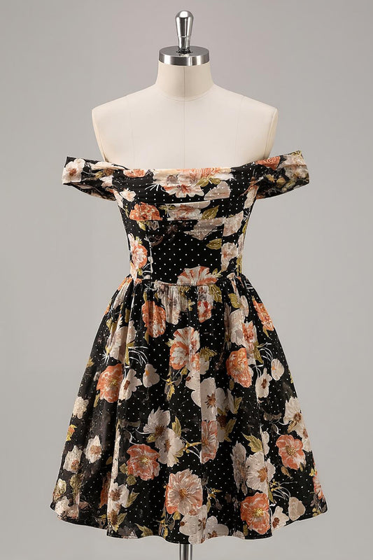 Sparkly Black Floral Off the Shoulder Short Homecoming Dress
